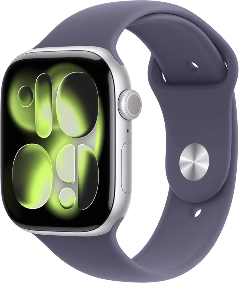 Apple ▫️ Relógio Watch Series 11 com GPS, caixa de alumínio prateada de 46 mm e bracelete desportiva com névoa - Tamanho M/L. Monitores de qualidade do sono, exercício e saúde, ecrã sempre ligado, resistente à água, resistente à água