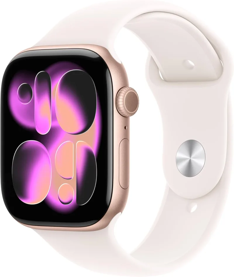 Apple ▫️ Watch Série 11 com GPS, caixa em alumínio em ouro rosa de 46 mm e bracelete desportiva em rosa rubor – Tamanho M/L. Qualidade do sono, monitorização de treino e saúde, ecrã sempre ativo, resistência à água