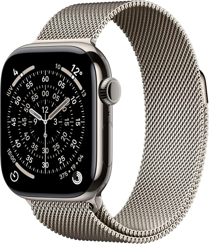 Apple ▫️ Watch Series 11 GPS+Celular com caixa em titânio natural de 42 mm e bracelete Milanese Loop natural. Monitores de qualidade do sono, de exercício físico e de saúde, com ecrã sempre ligado.