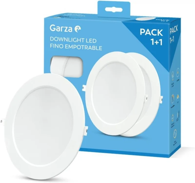 Garza ▫️ Pack 1+1 LED Downlight de Encastrar Circular Slimline Porthole, 22cm, 18W, 6500K Luz Fria, 1950lm, 30.000h, IP20, Branco, Poupança de Energia 80%.