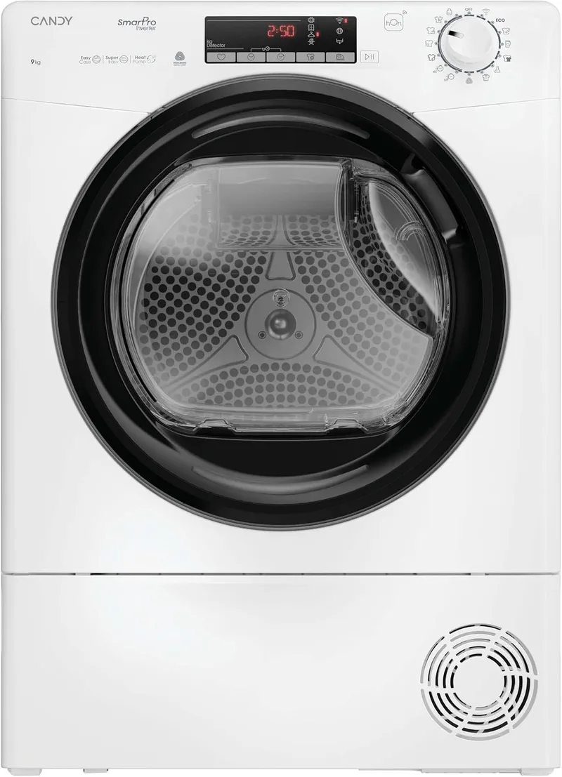 CANDY ▫️ Smart Pro Inverter CRO EH9N4TBE-S, Secadora de 9 kg, Bomba de Calor, Painel Smart Touch, Wi-Fi, Aplicação hOn, 14 ciclos, 3 ciclos rápidos, Certificado para secagem de lã, Snap & Dry, Início diferido de 24 horas, 63 dB, Branco