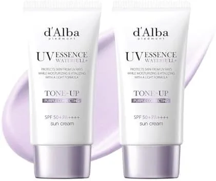 d'alba Piedmont ▫️ d'alba Loção Solar Tonificante Waterfull SPF50+PA++++ com Trufa Branca Italiana, Creme Solar Colorido com Filtros UV Veganos, Loção Solar Brilhante e Iluminadora, Cuidados da Pele Coreanos (Purple X 2)