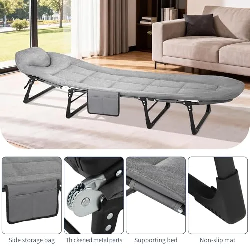 Thaookte ▫️ Cama de campismo dobrável, espreguiçadeira dobrável, cama de campismo com colchão e bolso lateral, para exterior, interior, jardim, campismo, 190 x 65 x 30 cm 5