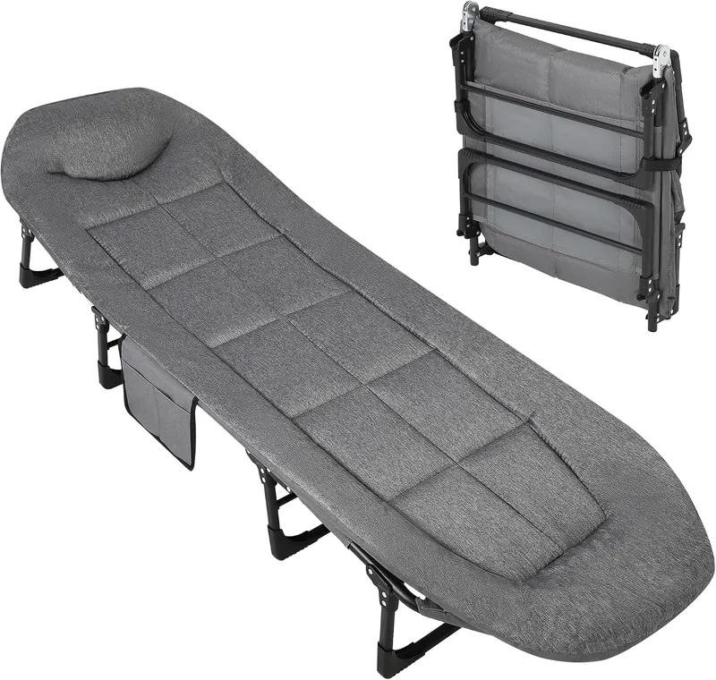 Thaookte ▫️ Cama de campismo dobrável, espreguiçadeira dobrável, cama de campismo com colchão e bolso lateral, para exterior, interior, jardim, campismo, 190 x 65 x 30 cm