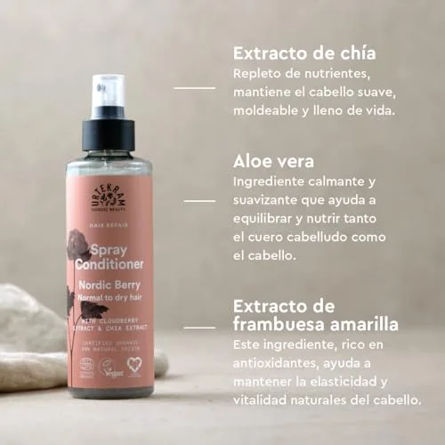 Urtekram ▫️ Condicionador em Spray Nordic Berry – 250 ml – Sem enxaguamento – Para cabelo normal ou seco – Com chia, aloé vera e amora nórdica – Vegano e natural – Hidratação leve, 250 ml 4