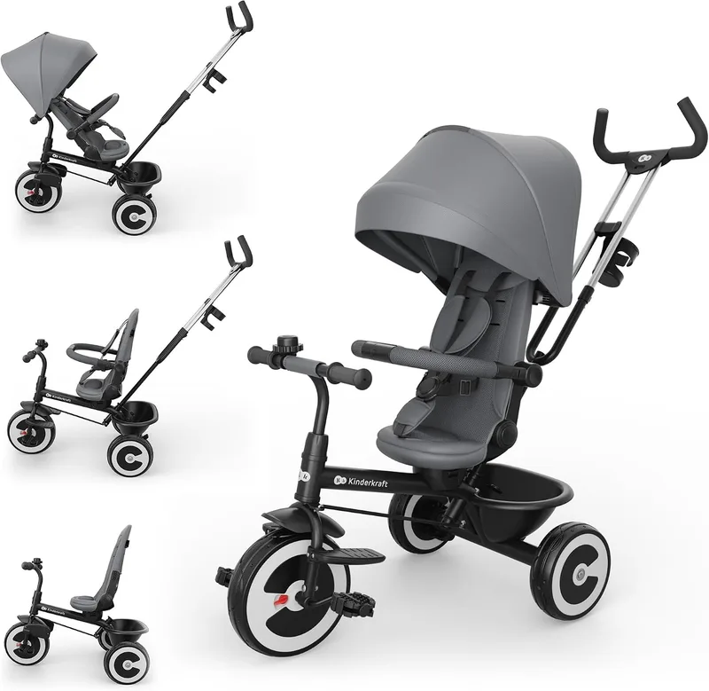 Kinderkraft ▫️ Aston 2 Pro Triciclo Evolutivo, Bicicleta sem pedais, Bicicleta para bebés, para crianças, Cinto de segurança, com acessórios, Suporte para copos, Cesto, dos 9 meses aos 25 kg, Cinzento