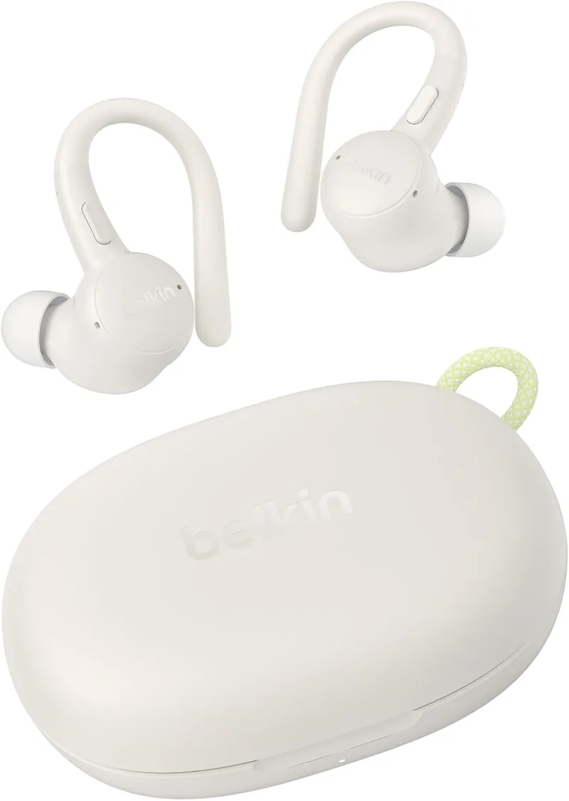 Belkin ▫️ Auscultadores sem fios Bluetooth SoundForm ActiveFit com microfone, carregamento rápido USB-C, 36 horas de autonomia total, resistência à água IP54, compatíveis com iPhone, iPad, Galaxy e Pixel - Bege