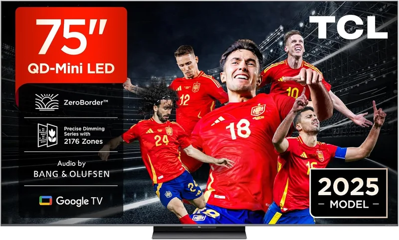 TCL 75C8K TV Smart TV LED 4K QD-Mini de 75 polegadas, HDR Premium de 4500 nits, 144 Hz, ZeroBorder, Bang & Olufsen, Google TV, Dolby Vision IQ e Atmos, painel WHVA, Game Master