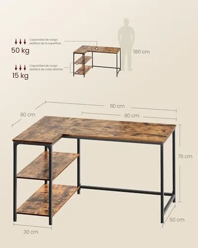 VASAGLE ▫️ Secretária em L, Secretária para jogos com prateleira, prateleiras com altura ajustável, estação de trabalho para estudo e escritório, 110 x 80 cm, castanho rústico LWD135KD01 2