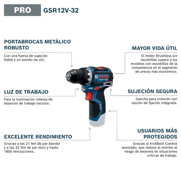 Bosch Professional ▫️ 12V System Berbequim/aparafusadora GSR 12V-32 (KickBack Control, motor sem escovas, inclui baterias de 2,0 Ah, carregador e bolsa de ferramentas) 2