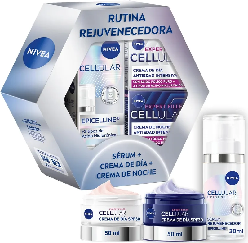 NIVEA ▫️ Cellular Epigenetics Pack Anti-Ageing Face Care - Sérum facial rejuvenescedor com Epicelline 30ml + Creme de dia FP30 + Creme de noite - Inverte o envelhecimento da pele