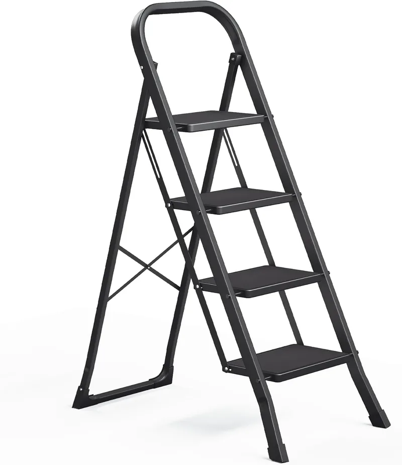 SONGMICS ▫️ Escadote, Escadote com 4 degraus, degrau dobrável, bloqueio de segurança, fácil de guardar, carga até 150 kg, preto GSL004BZ01