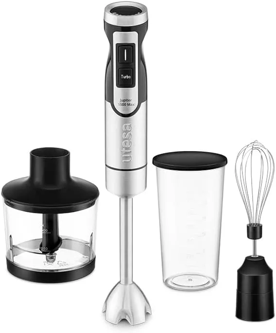 Ufesa ▫️ Batedeira de Mão Jupiter Max 1500 W, Controlo de Velocidade Variável, Ecrã LCD, Função Turbo, 4 Lâminas de Alta Eficiência, Picador de 500 ml, Batedor Emulsionador e Copo Medidor de 600 ml
