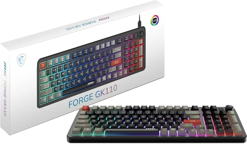MSI ▫️ Forge GK110 Gaming Keyboard (ES Layout): Interruptores de membrana, RGB, teclas de atalho para multimédia e iluminação, base antiderrapante, ângulos ajustáveis, USB 2.0, tamanho normal.