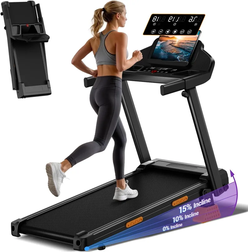 CURSOR FITNESS ▫️ CURSOR 15% Passadeira dobrável com inclinação de 12 km/h, passadeira dobrável de 3,0 HP, passadeira elétrica para uso doméstico com ecrã tátil LED, sistema de amortecimento, treino silencioso, 136 kg