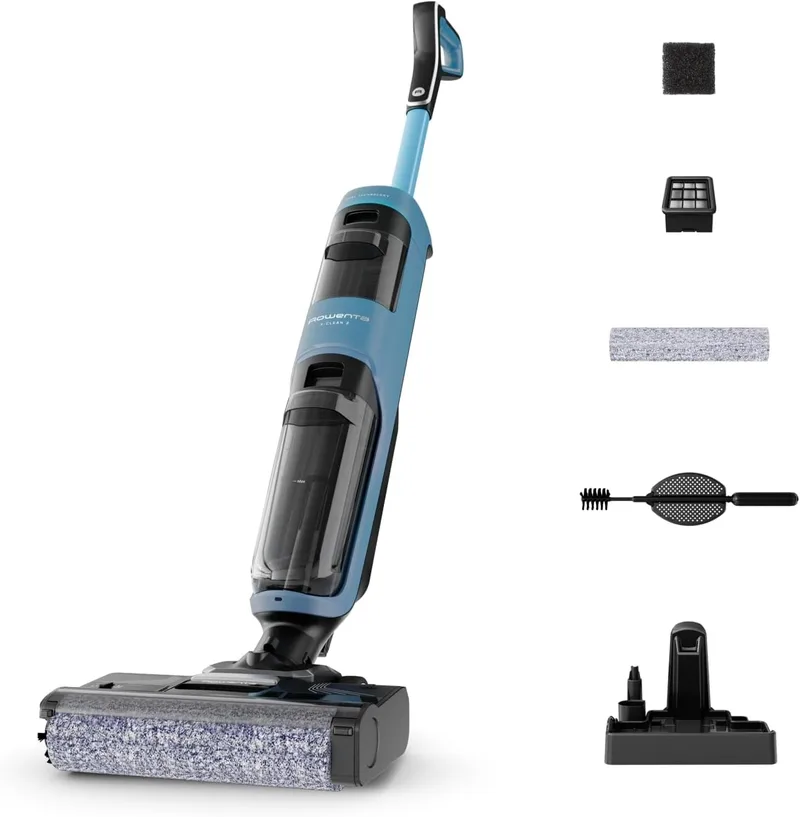 Rowenta ▫️ X-Clean 2, Aspirador e esfregona elétrico sem fio com tecnologia Wet & Dry, autolimpeza, aspira e esfrega, modos ECO/MAX, leve, limpeza de cantos, azul aqua, GZ2271E0