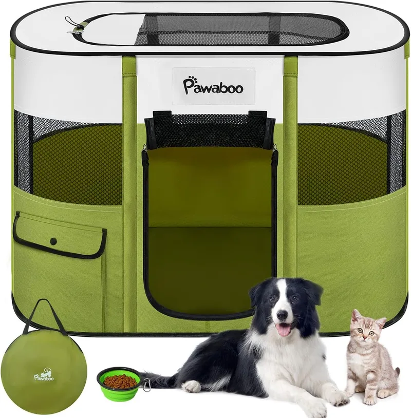 Pawaboo ▫️ Parque Portátil para Animais de Estimação, Gaiola Dobrável para Cães em Tecido Oxford Impermeável com Saco de Transporte e Tigela Dobrável, Cercado para Animais de Estimação (Gatos), M, Verde Abacate
