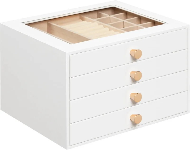 HOOBRO ▫️ Caixa de jóias moderna com 4 gavetas, janela transparente e forro de veludo, organizador de jóias, 23 x 20 x 15,6 cm, para anéis, brincos, colares e relógios, branco EWT25JB04