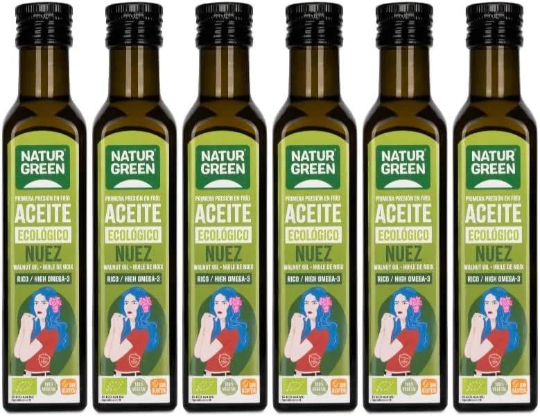 NaturGreen ▫️ Óleo de Noz Biológico, Embalagem de 6 x 250 ml, Óleo Vegetal de Primeira Prensagem a Frio, Rico em ómega 3 e 6, Ideal para Saladas, Cozinha Saudável e Vegana
