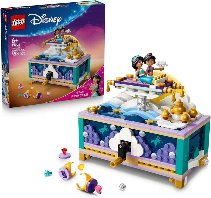 LEGO ▫️ Princesas da Disney: Porta-joias da Jasmine – Brinquedo do Aladino com 2 mini-bonecos, 2 anéis e a Lâmpada do Génio – Decoração para o quarto – Presente para meninas a partir dos 6 anos e fãs – 43295