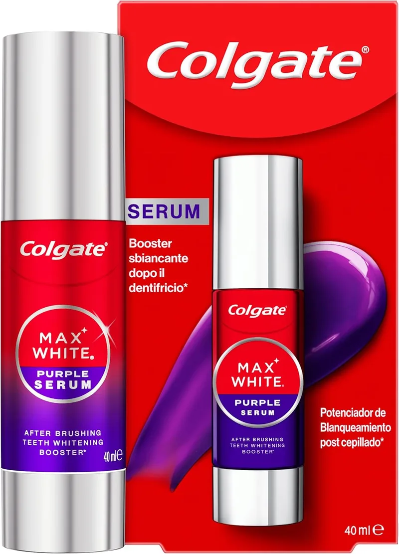 Colgate ▫️ Max White Serum Purple 40ml, branqueador de dentes instantâneo sem flúor, branqueamento instantâneo, fórmula de dupla ação para correção da cor e resultados de branqueamento duradouros