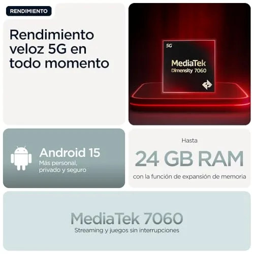 Motorola ▫️ Moto g56 5G 24 GB (8 GB + 16 GB RAM Boost)/256 GB Cinza, Resistência de nível militar, IP68/69, Corning Gorilla® Glass 7i, Ecrã de 6,72" Full HD+, Câmara de 50 MP com Moto AI, Bateria de 5200 mAh, Carregamento TurboPower de 30 W 7