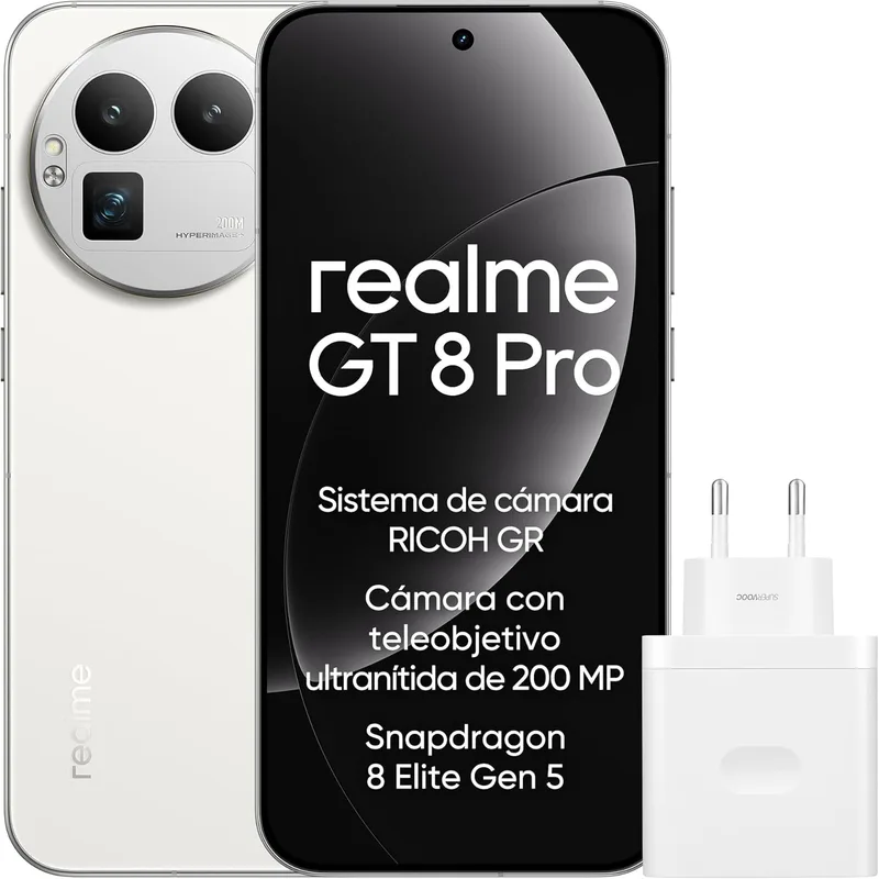 realme ▫️ Smartphone GT 8 Pro 12 GB + 256 GB, sistema de câmara RICOH GR, câmara com teleobjetiva ultra-nítida de 200 MP, Snapdragon 8 Elite Gen 5, bateria Titan de 7000 mAh, com adaptador, branco