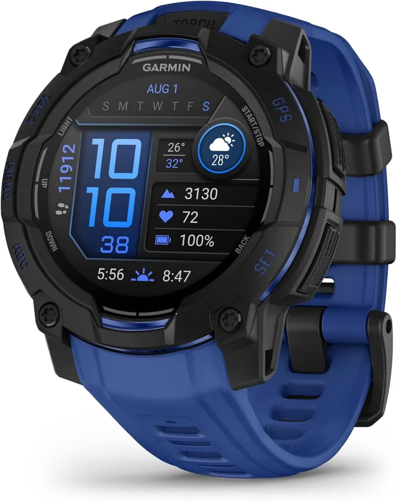 Garmin Instinct 3, relógio inteligente com GPS, ecrã AMOLED de 45 mm, resistente à água, aplicações desportivas integradas, monitorização da saúde, lanterna LED, bateria com autonomia até 18 dias, azul