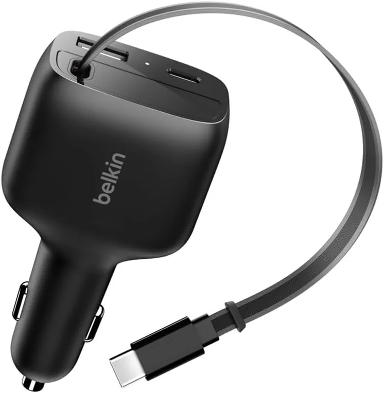 Belkin ▫️ Carregador de carro com carregamento rápido de 75 W e cabo USB-C retrátil, carregador de carro 3 em 1 para dispositivos móveis, compatível com as séries iPhone 17 e 16, Galaxy S25, AirPods, tablets, MacBook, Chromebook e outros, acessórios de viagem
