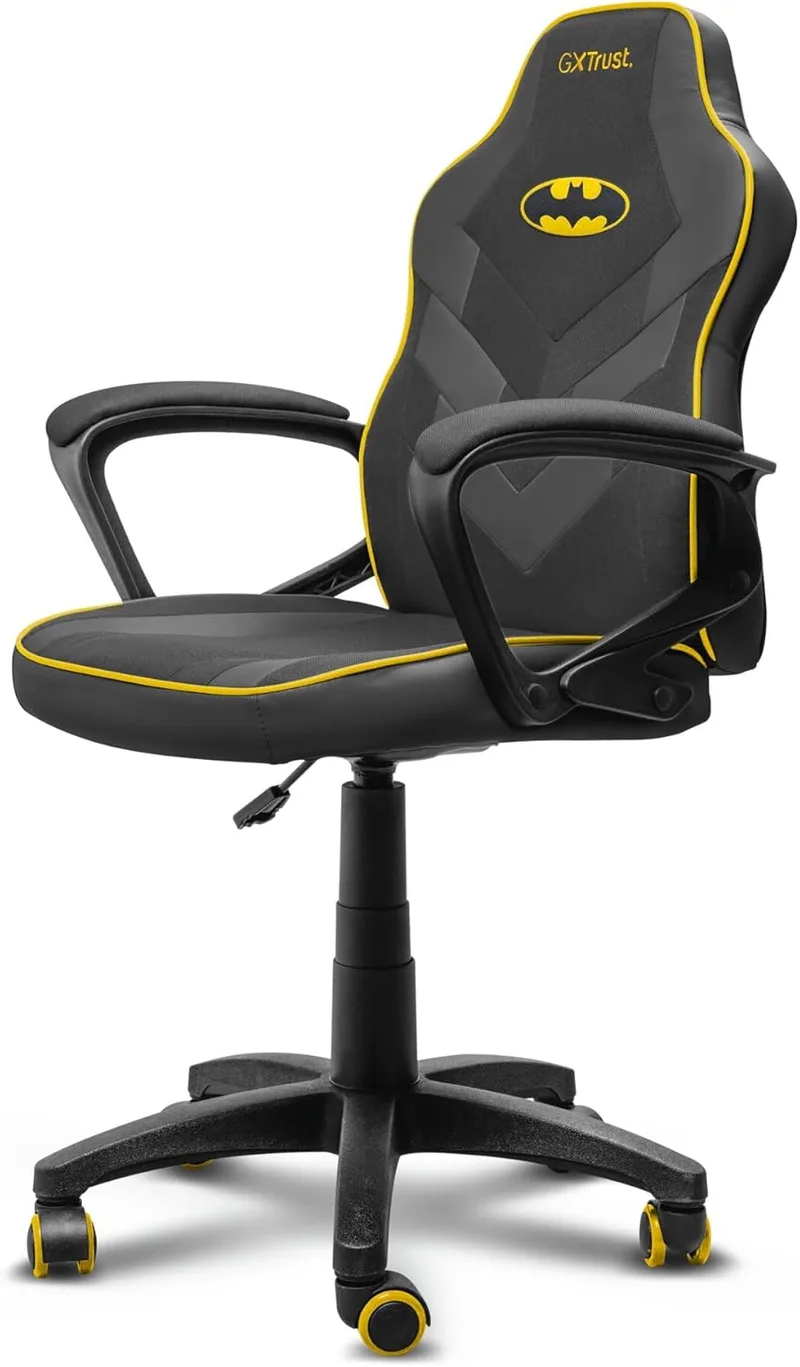 GXTrust ▫️ 703BM Revvo Batman Cadeira de jogos licenciada para crianças dos 4 aos 12 anos, cadeira ajustável em altura com estofos em tecido, apoios de braços almofadados, secretária de jogador para jogos de PC, preto
