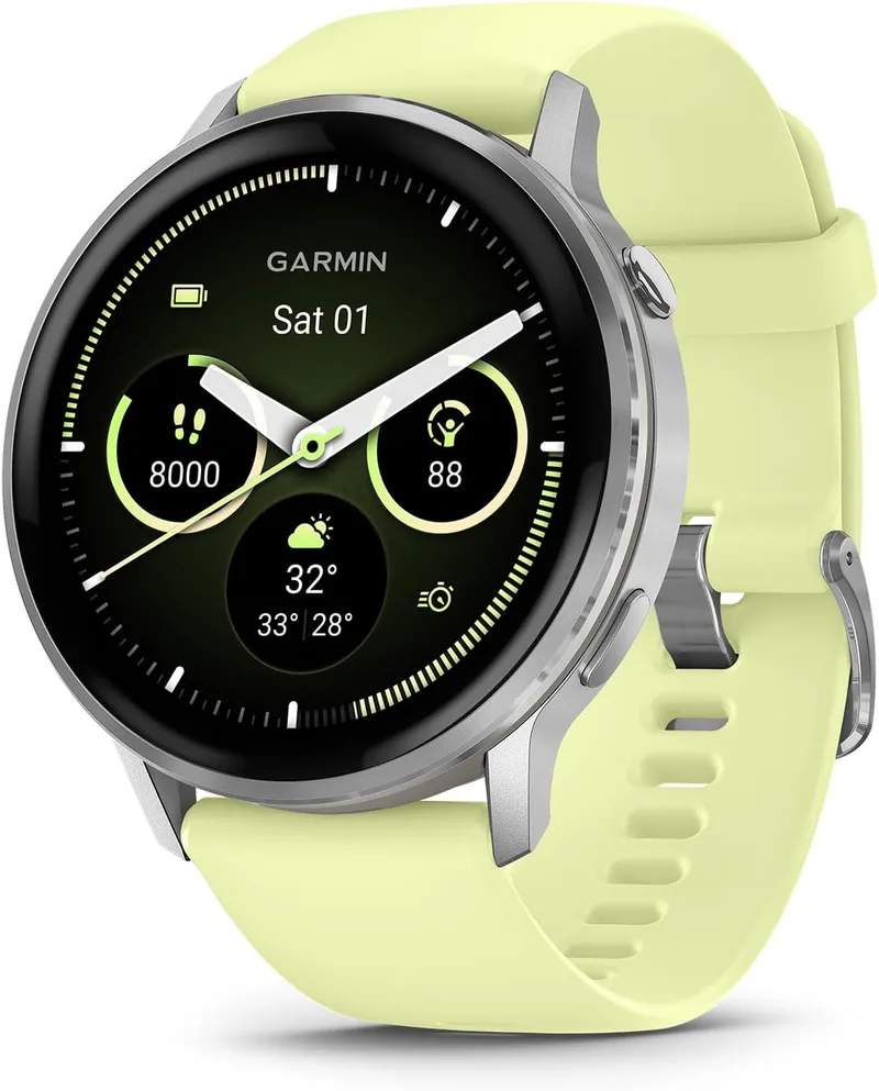 Garmin ▫️ Venu 4, 45 mm, smartwatch premium com GPS, ecrã tátil AMOLED, design em aço inoxidável, lanterna LED, funcionalidades avançadas de saúde e fitness, 14 dias de autonomia, amarelo