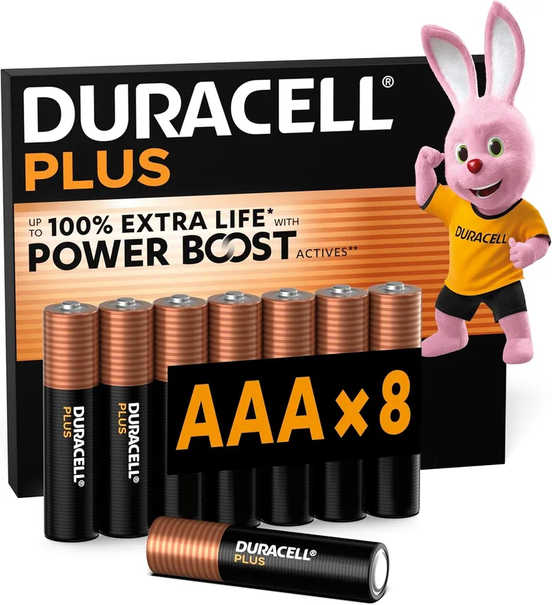 Duracell ▫️ Pilhas Plus AAA (Embalagem de 8) - Pilhas alcalinas de 1,5 V - Até 100% de vida útil extra com Active Power Boost - Fiabilidade para aparelhos de uso diário - 0% de embalagem de plástico-MN2400