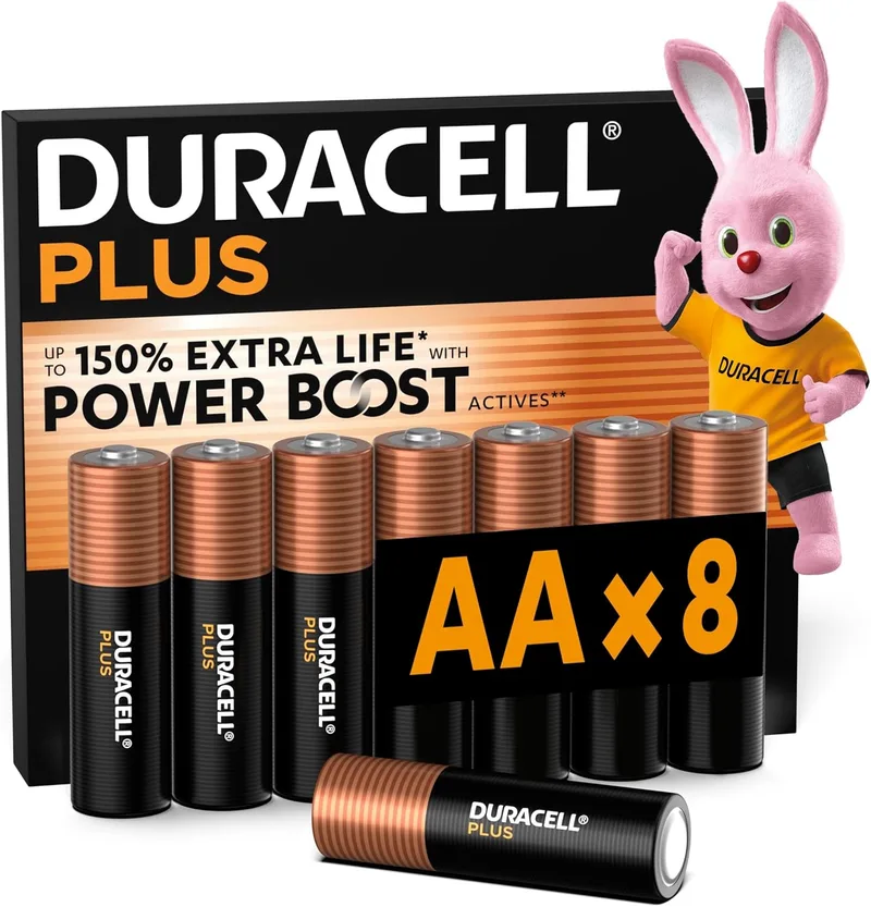 Duracell ▫️ Pilhas Plus AA (Embalagem de 8) - Pilhas alcalinas de 1,5 V - até 150% de vida útil extra com Active Power Boost - Fiabilidade para aparelhos de uso diário - 0% de embalagem de plástico-MN1500