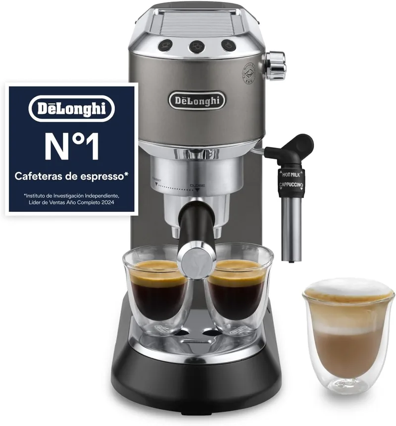 De'Longhi ▫️ Dedica Style - Perfetto Máquina de café expresso manual compacta, bocal de leite manual para café expresso e cappuccino, compatível com ESE Single Dose, painel com botões, 15 cm de largura, titânio (EC685.TB)