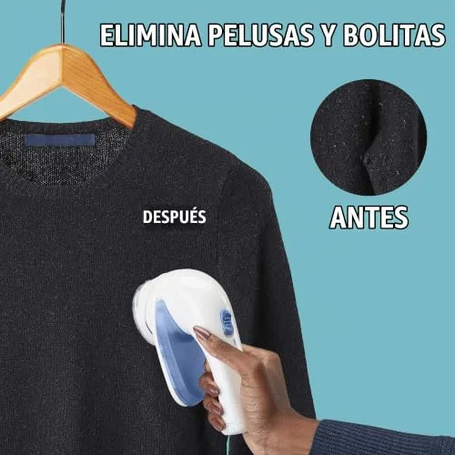 Conair ▫️ Removedor de Pelúcias, Máquina de Remover Pelúcias a Pilhas para Roupa e Tecidos, Pega Ergonómica, Cabeça Grande, Branco/Azul, CLS1XE 2