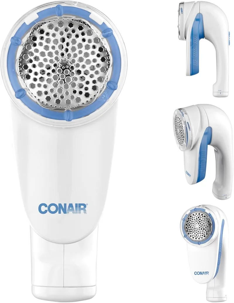 Conair ▫️ Removedor de cotão máquina de barbear para tecidos e panos a pilhas, pega ergonómica, cabeça grande, branco/azul, CLS1XE