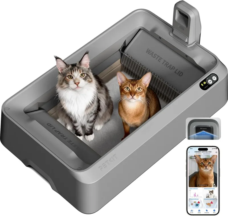 PETKIT ▫️ PUROBOT Crystal Duo Caixa de Areia Autolimpante para Gatos, Câmara com IA, Caixa de Areia Autolimpante para Gatos, Limpeza Bidirecional, Bandeja Substituível, Monitorização da Higiene, Eliminação de Odores, Cinza