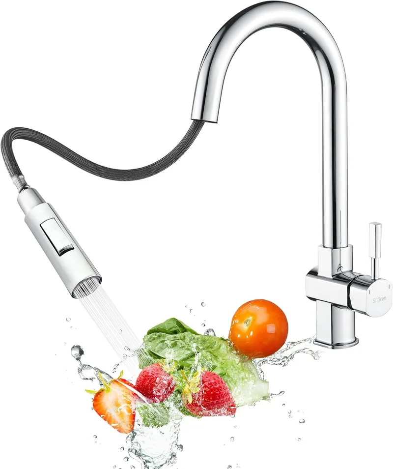 Süßren ▫️ Torneira de cozinha, torneira de cozinha de alta pressão com pulverizador retrátil, giro de 360°, torneira de lavatório de dois jactos de água, torneira misturadora de aço (cromada)