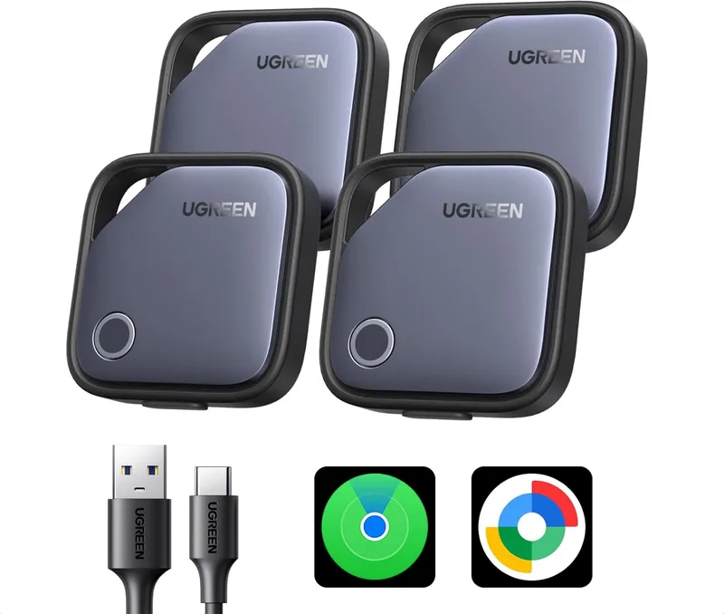 UGREEN ▫️ FineTrack Duo Suporte para iOS Find My ou Android Find Hub Smart Finder Carregamento USB-C Localizador Bluetooth SmartTag Tracker para Chaves, Bagagem, Carteira, Bicicleta, Mochila e Mala (4 peças)