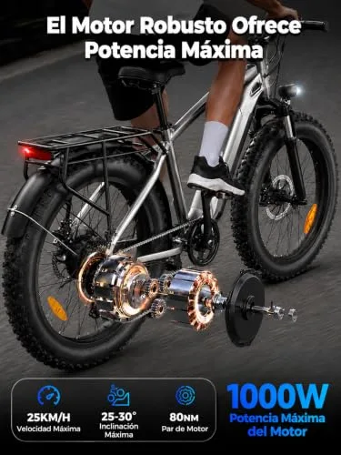Bodywel ▫️ Bicicleta elétrica D6, Fat Bike 26x4,0 para adultos, de montanha, bateria de 48 V e 15 Ah, motor de 250 W, 7 velocidades, forquilha com suspensão, travões de disco hidráulicos 2