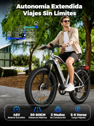 Bodywel ▫️ Bicicleta elétrica D6, Fat Bike 26x4,0 para adultos, de montanha, bateria de 48 V e 15 Ah, motor de 250 W, 7 velocidades, forquilha com suspensão, travões de disco hidráulicos 3