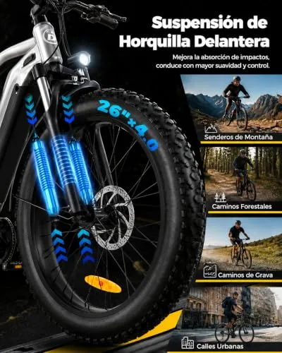 Bodywel ▫️ Bicicleta elétrica D6, Fat Bike 26x4,0 para adultos, de montanha, bateria de 48 V e 15 Ah, motor de 250 W, 7 velocidades, forquilha com suspensão, travões de disco hidráulicos 4