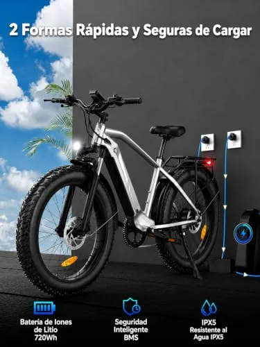Bodywel ▫️ Bicicleta elétrica D6, Fat Bike 26x4,0 para adultos, de montanha, bateria de 48 V e 15 Ah, motor de 250 W, 7 velocidades, forquilha com suspensão, travões de disco hidráulicos 6