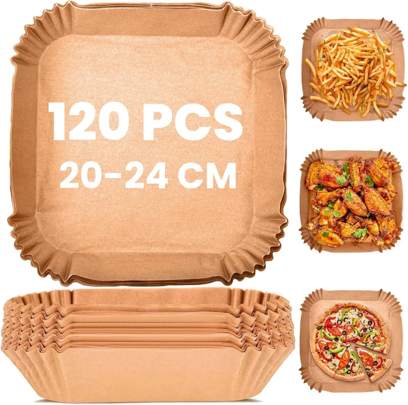 KitchenBoss ▫️ 120 peças de papel para fritadeira de ar: papel quadrado para fritadeira de ar de 20-24 cm, papel descartável antiaderente para fritadeira de ar para fritadeira de 5-8L, forno, micro-ondas