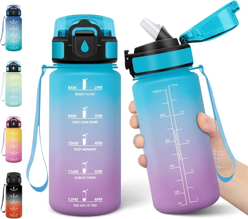 Motswedi ▫️ Garrafa de Água para Crianças, 500 ml com Palhinha, Garrafa Infantil, À Prova de Fugas, Garrafas de Água para Crianças, com Marcador de Tempo, Garrafa, para o Escritório, Escola, Ioga, Azul-Roxo