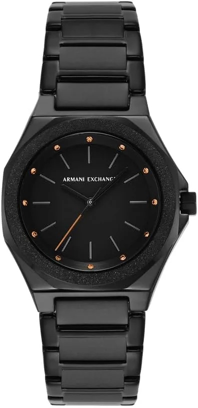 Relógio Armani Exchange para senhora, movimento de quartzo a três ponteiros e caixa de 34 mm com bracelete em aço inoxidável ou pele