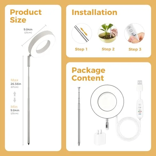 Bamworld ▫️ Anel LED de espectro completo para o crescimento de plantas de interior, 380-800 nm; luzes de crescimento para plantas em vasos, altura ajustável, luz de cultivo à prova de água IP54, luz USB para plantas de interior 4
