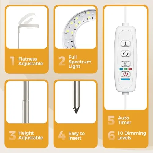 Bamworld ▫️ Anel LED de espectro completo para o crescimento de plantas de interior, 380-800 nm; luzes de crescimento para plantas em vasos, altura ajustável, luz de cultivo à prova de água IP54, luz USB para plantas de interior 7