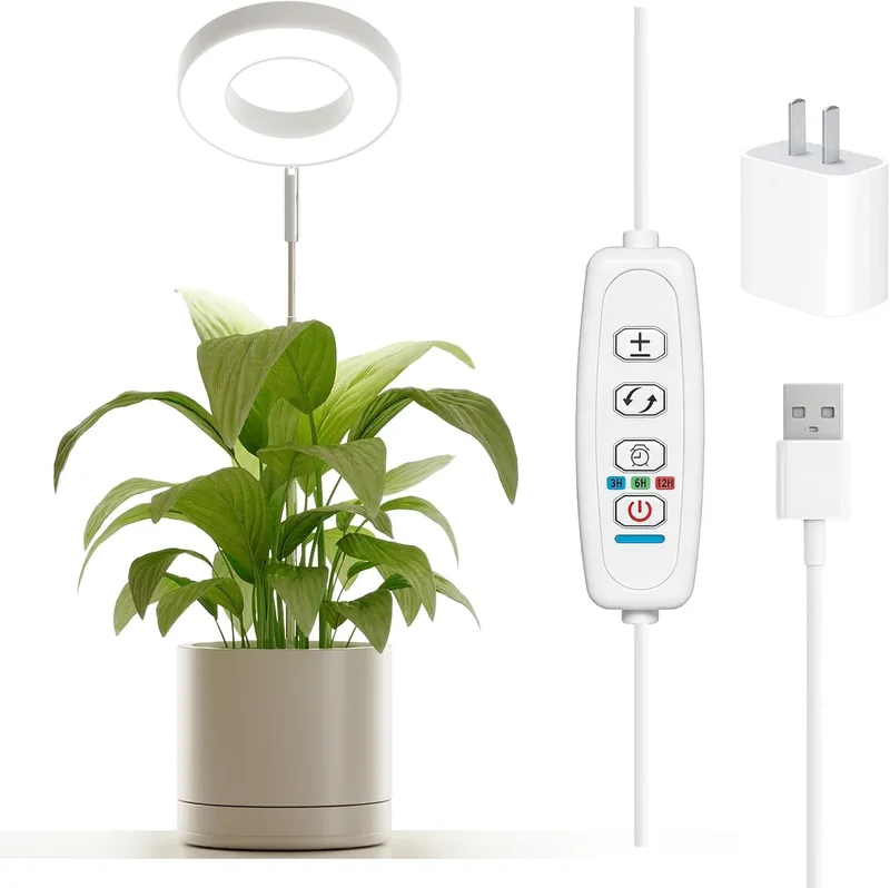 Bamworld ▫️ Anel LED de espectro completo para o crescimento de plantas de interior, 380-800 nm; luzes de crescimento para plantas em vasos, altura ajustável, luz de cultivo à prova de água IP54, luz USB para plantas de interior