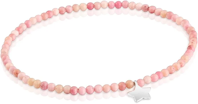 TOUS ▫️ Pulseira elástica para mulher com contas redondas facetadas de opala rosa e motivo estrela em prata de primeira lei, 17 cm de comprimento, Coleção Motif